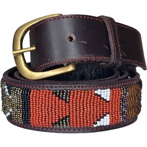 Maasai Kenyan Hand Beaded Leather Belt Brass Buckle 49"